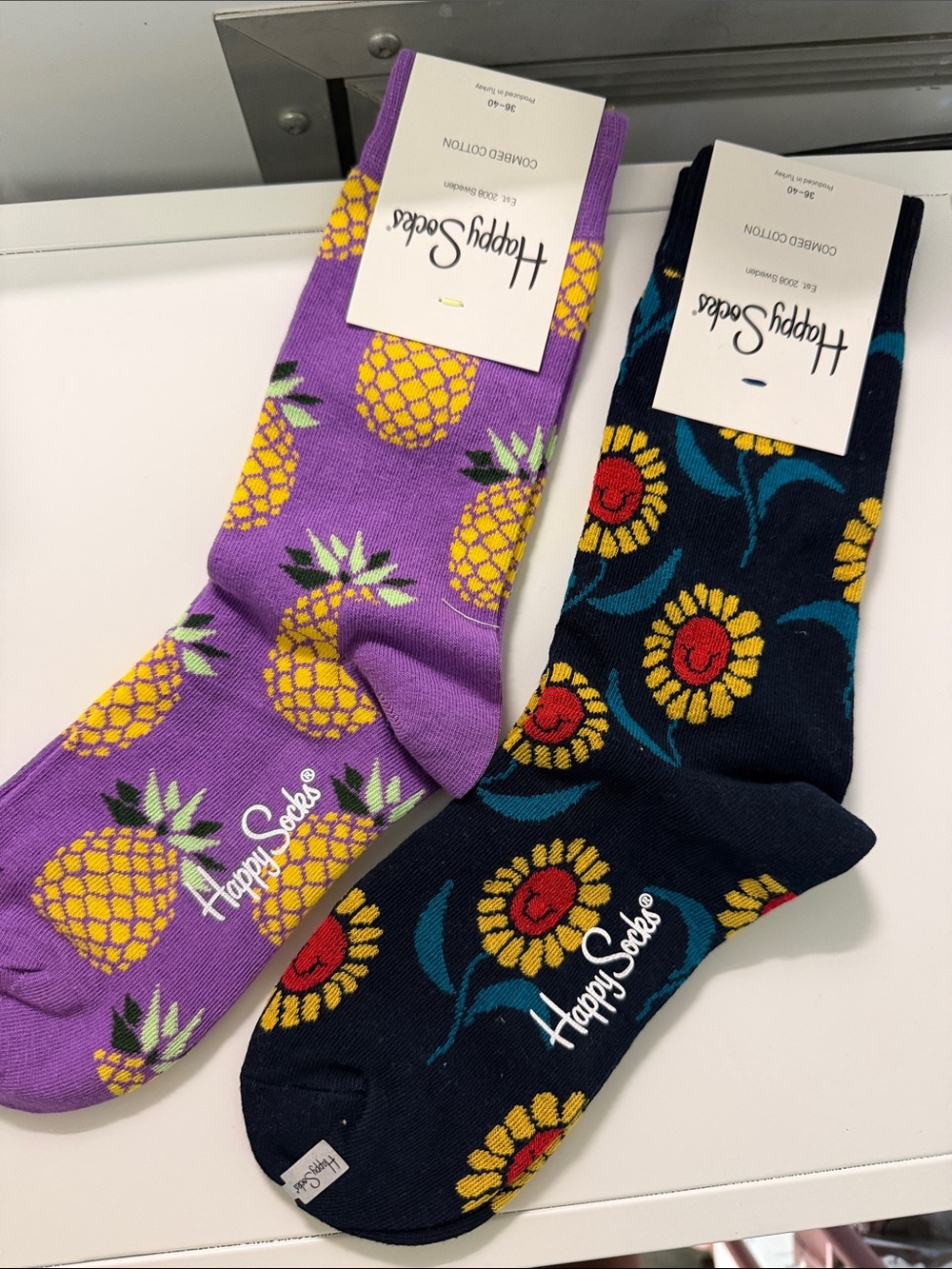 Happy Socks Purple Pineapple & Navy Sunflower Crew Socks